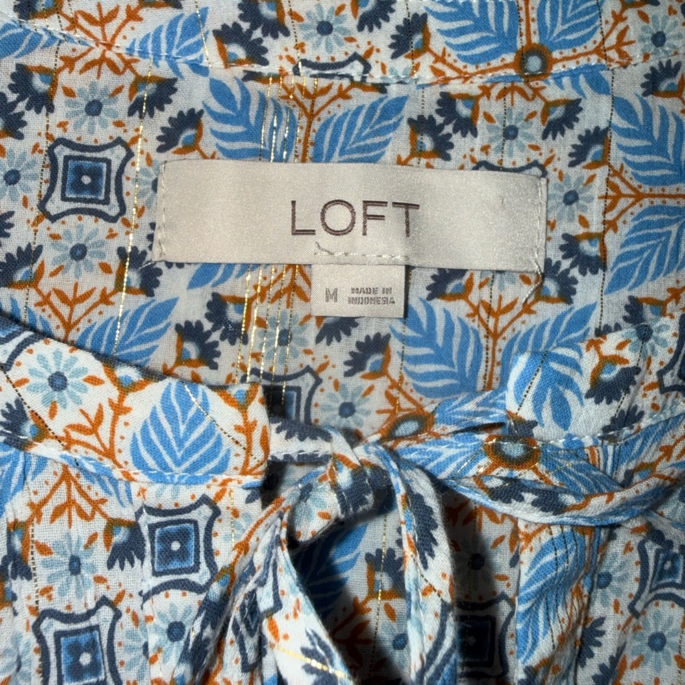 LOFT Women's Geometric Blue and Orange Blouse - Picture 3 of 5